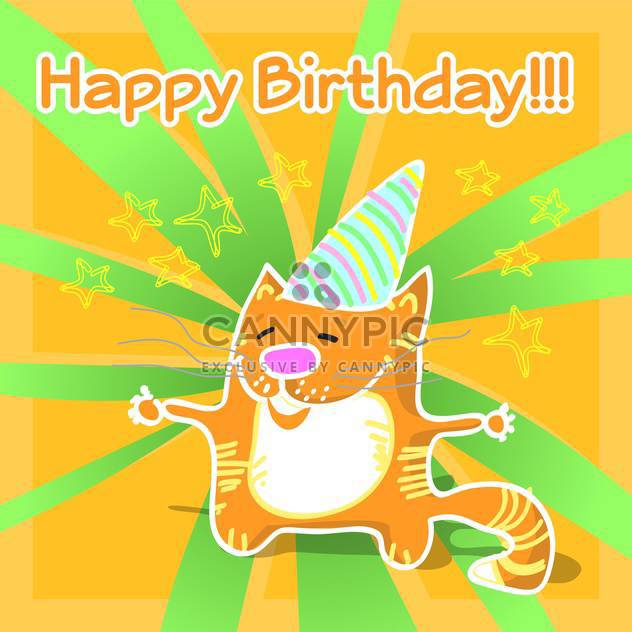 Vector illustration of greeting birthday card with cartoon orange cat - vector gratuit #126609 