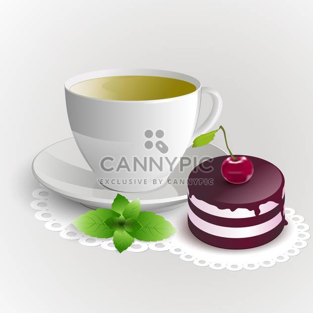Cup of green tea with cherry cake on white background - vector gratuit #126659 