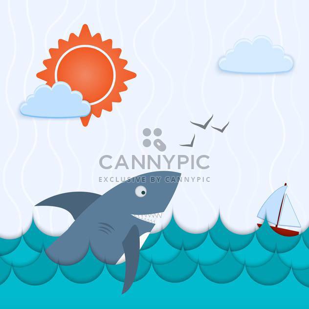 colorful illustration of seascape with shark and ship - Free vector #127439