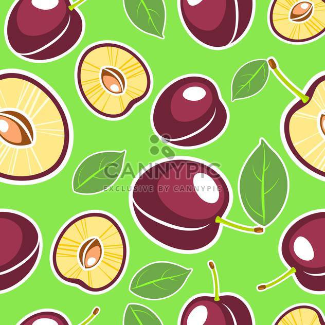 Vector green seamless background with plums and leaves - vector gratuit #129869 