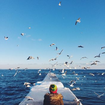 Girl on pier and seagulls over sea - image #183549 gratis