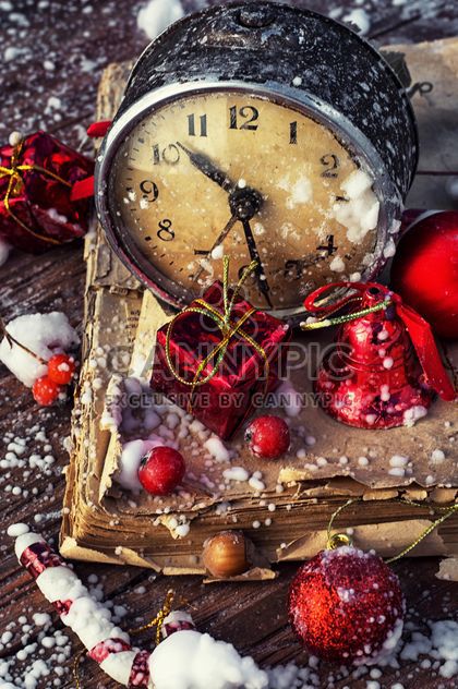 Christmas decorations, clock and old book - бесплатный image #302019