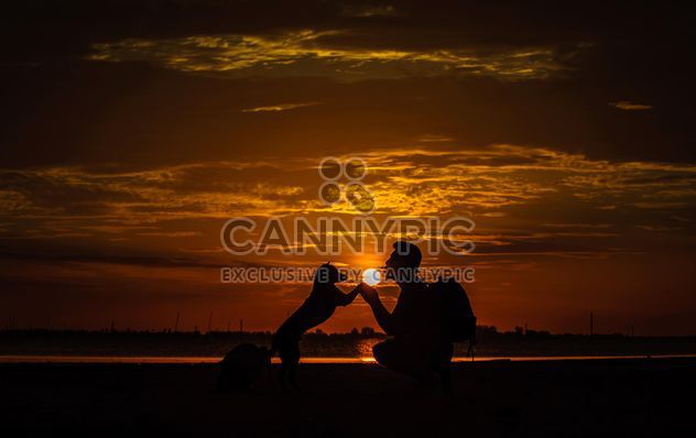 silhouette of man and dog at sunset - image #303979 gratis