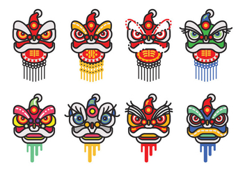 Chinese New Year Lion Dance Head Minimalist Flat Vector Icon Set - vector gratuit #402419 