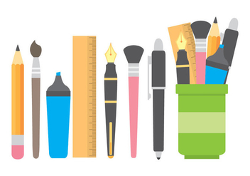 Pen Holder With Stationery Icons - vector gratuit #422999 