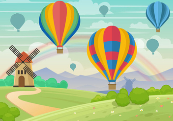 Whimsical Hot Air Ballon Landscape Vector - Free vector #437179