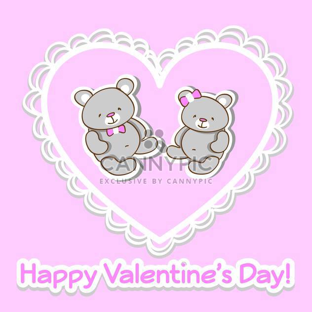 Vector pink greeting card for Valentine's day with two cute teddy bears in heart - Free vector #126359