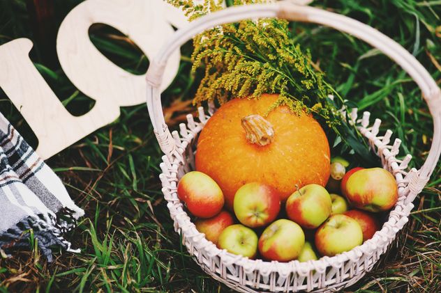 Apples and pumpkin in basket - Kostenloses image #136199