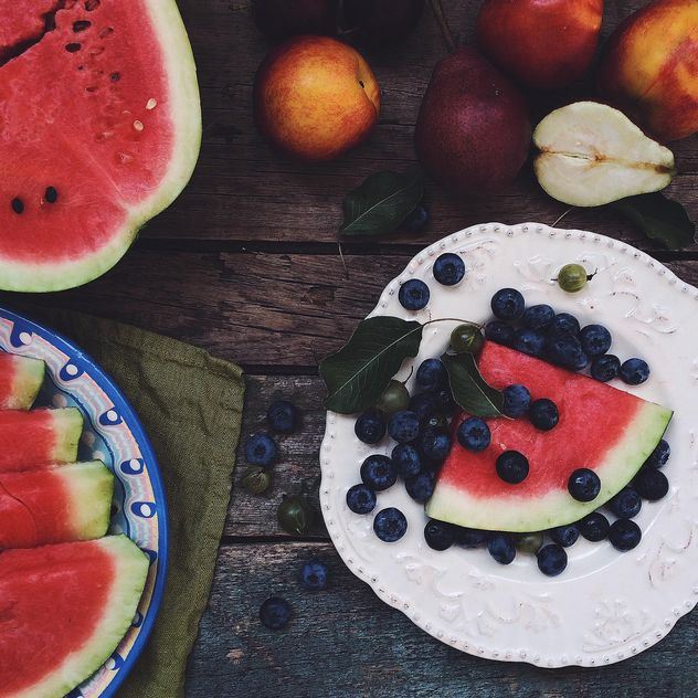 Watermelon, blueberries, peaches and pears - Free image #183279