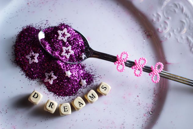 purple shiny sequins in a spoon - image #187309 gratis