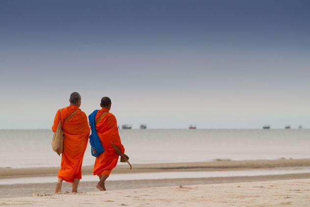 Thai Monks walking on the beach - Free image #200169