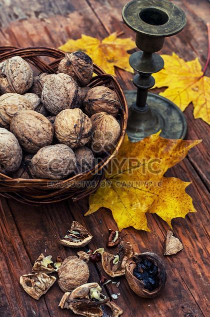 Walnuts, yellow leaves and candlestick - image #301989 gratis