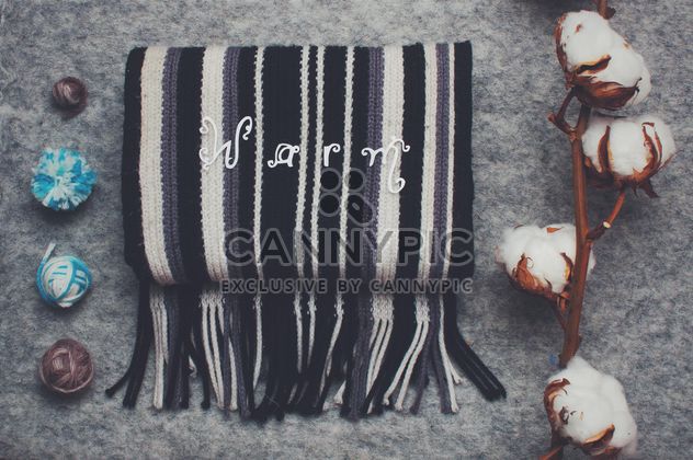 Warm striped scarf, branch of cotton and yarn - image gratuit #305389 