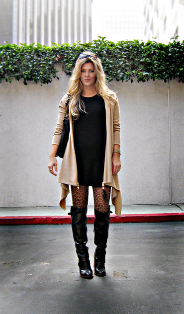 leather boots+leopard tights+sweater dress+cat eye sunglasses+blonde hair+light+sharp - Free image #314479