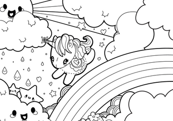 Rainy Rainbow Unicorn Scene Coloring Page - Free vector #329459