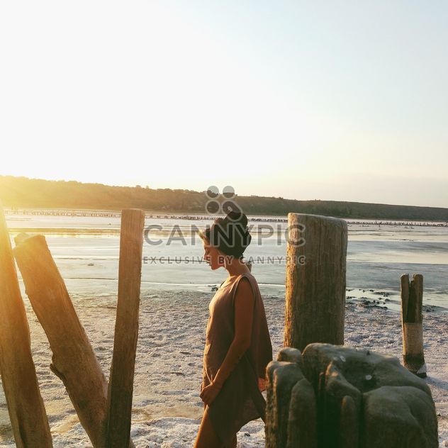 Girl on seashore at sunset - Free image #338519