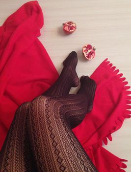 Female legs in black stockings, red blanket and pomegranate - image #347999 gratis