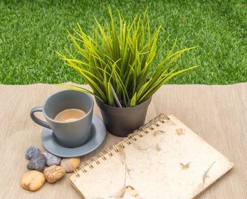 Cup of coffee, green plant and notebook - image gratuit #365609 