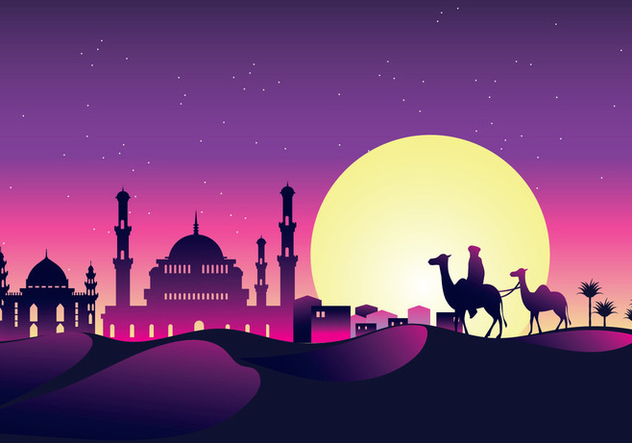 Vector Illustration Caravan with Camels at Night with Mosque and Arabian Sky at Night - Free vector #426199
