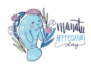 Cute Manatee Character With Flowers And Lettering Hand Drawn Style - Free vector #427709