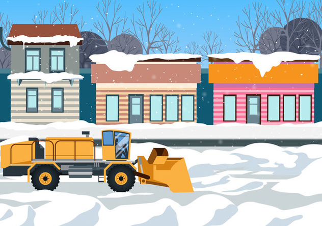 Heavy Snow Blower Cleans The Road in Front of Shops Vector Scene - бесплатный vector #438099