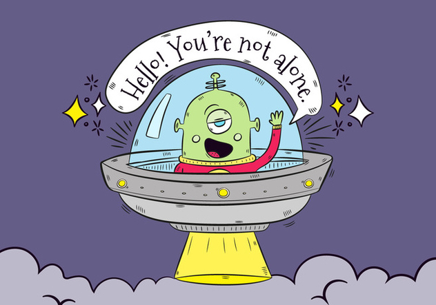 Hand drawn Green Alien With Rocket Saying Hello With Speech Bubble - vector gratuit #441549 